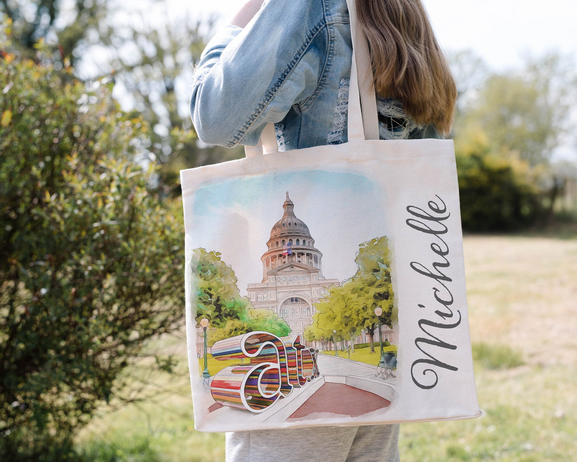 Bachelorette weekend - Bridesmaid Gift set - featuring Austin Texas Watercolor - Personalized Custom 40 ounce Tumbler, tote bag and hair tie