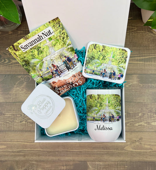 Savannah Georgia Forsyth Park Bachalorette Gift Box set-bridesmaid personalized wine tumbler-maid of honor-scented candle-candied pecans