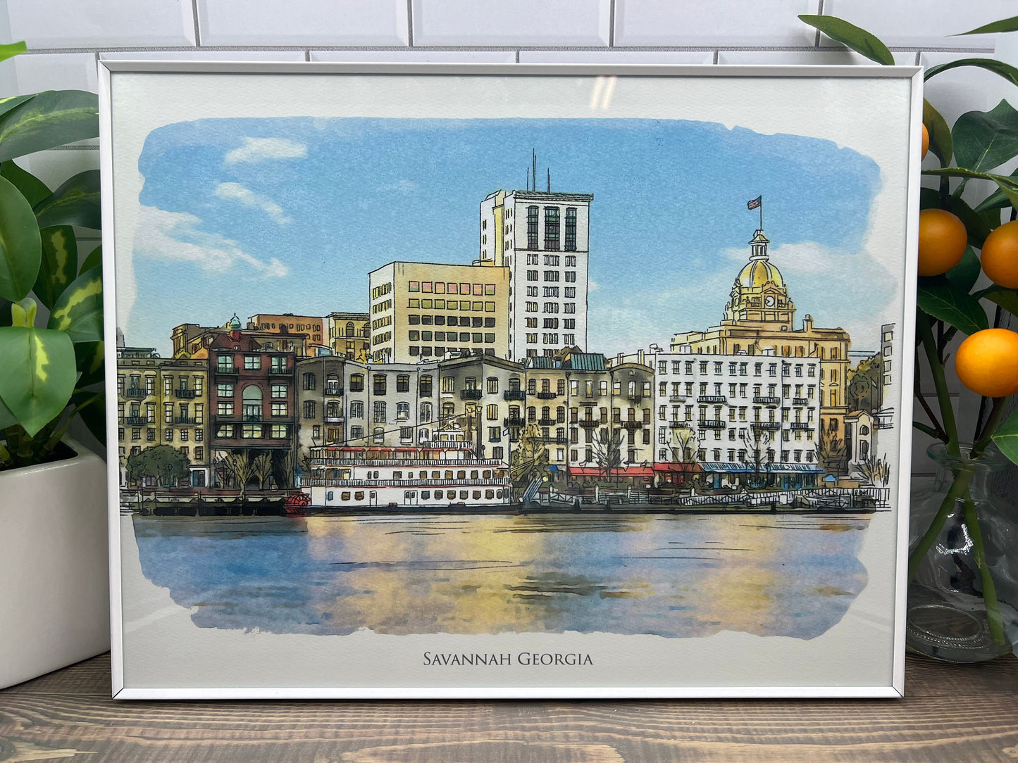 Savannah Georgia Panoramic Riverfront watercolor painting giclée fine art print (framed or un-framed)