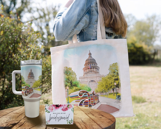 Bridesmaid Proposal Gift set - featuring an Austin Texas Watercolor Painting - Personalized Custom 40 ounce Tumbler, tote bag and hair tie