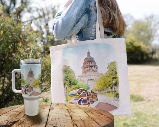 Bachelorette weekend - Bridesmaid Gift set - featuring Austin Texas Watercolor - Personalized Custom 40 ounce Tumbler, tote bag and hair tie