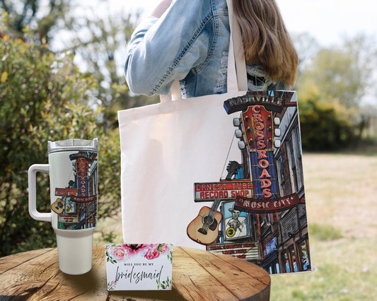 Bridesmaid Proposal Gift set - featuring Downtown Music City Nashville Tennessee - Personalized Custom 40 oz Tumbler, tote bag and hair tie