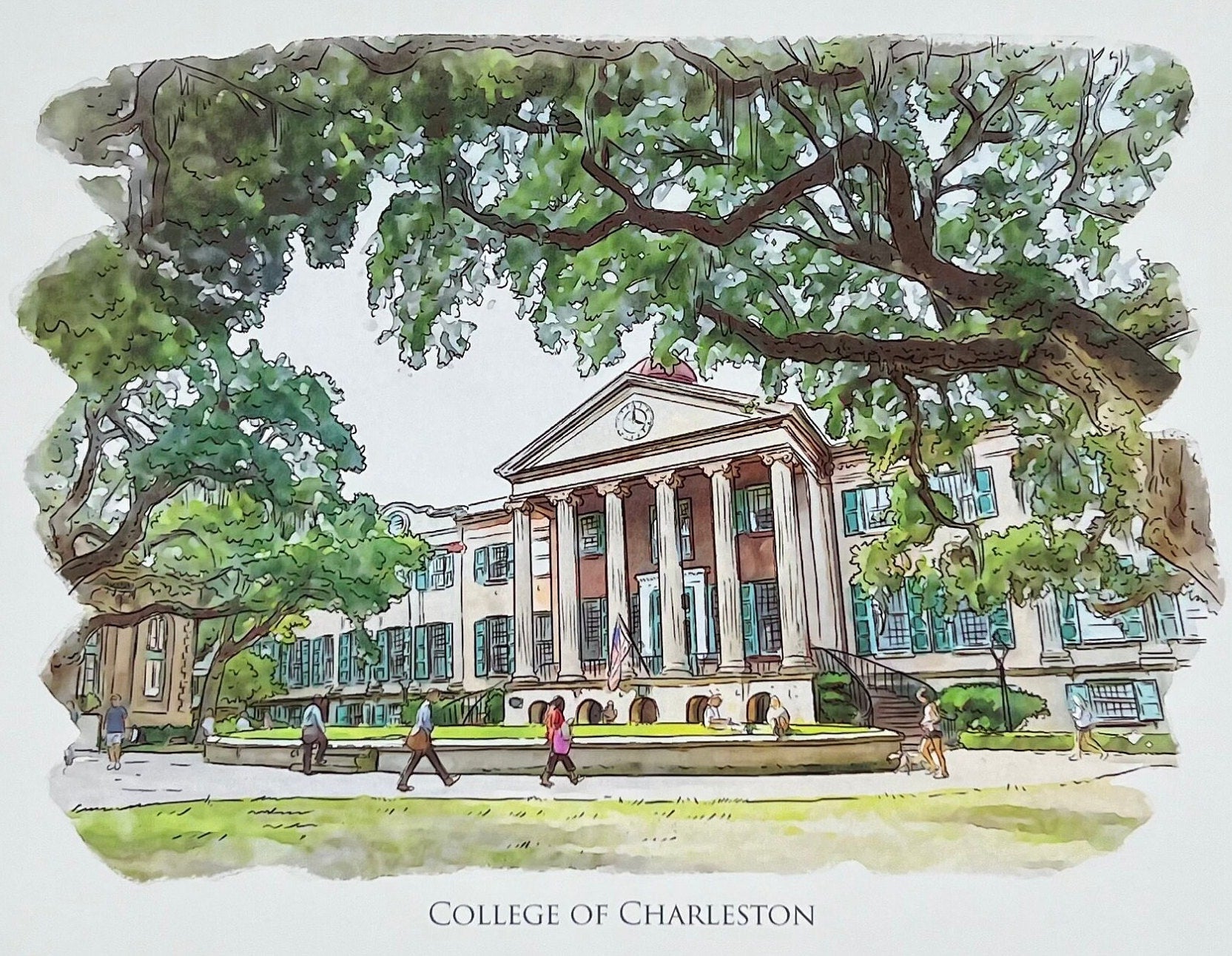 College of Charleston South Carolina watercolor painting giclée fine art print (framed or unframed)