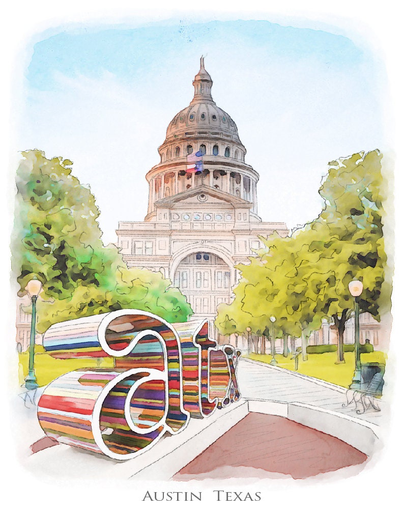 Austin Texas Watercolor Painting Giclee Fine Art Print | Original Austin Texas Art | Austin Texas Gift | Bridesmaid Gift | Wedding Gift |