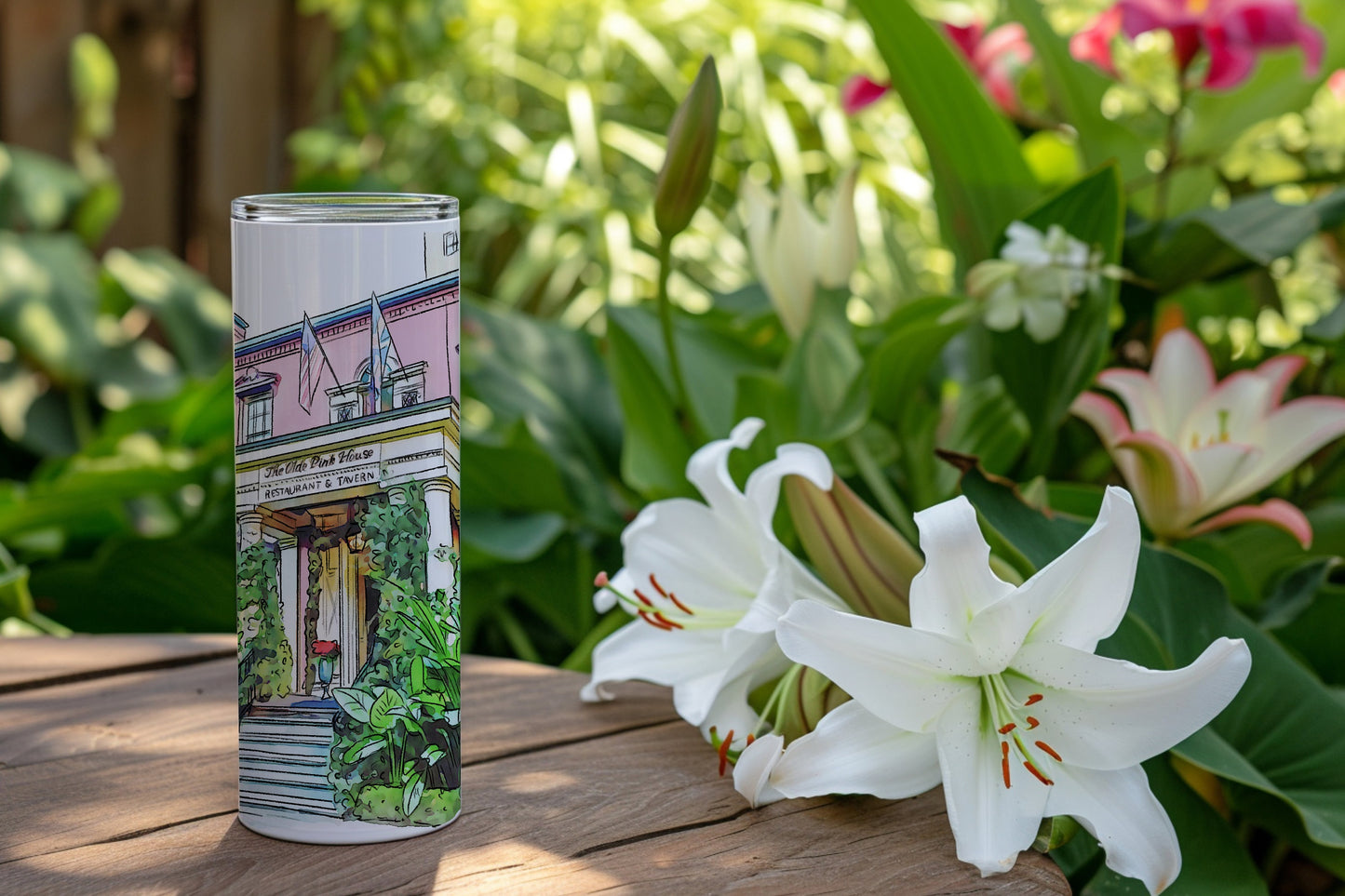 Savannah Georgia 20 ounce Tumbler | River Street | Savannah Art | Savannah Georgia Gift | The Pink House Restaurant | Watercolor Art