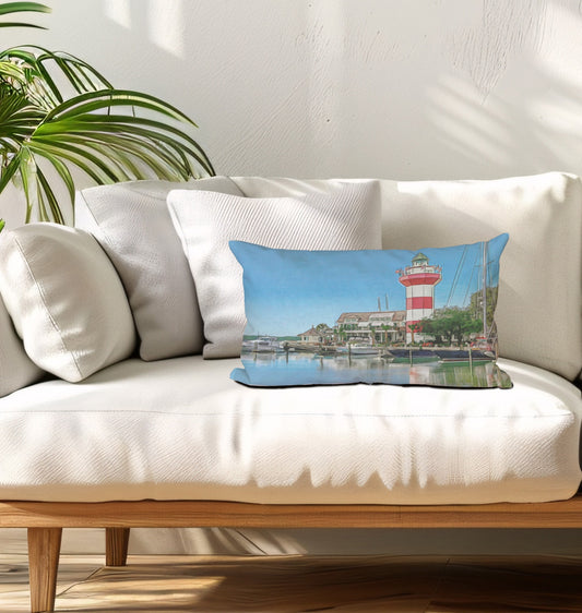 watercolor painting of Harbour town Lighthouse Hilton Head Island South Carolina printed on a 12 inch by 20 inch throw pillow