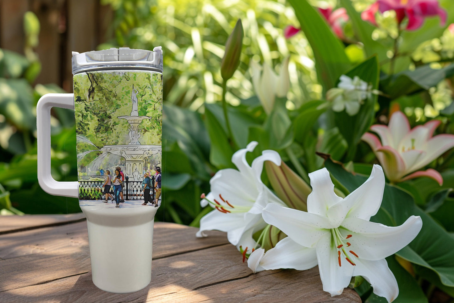 Bachelorette weekend - Bridesmaid Gift set - featuring Forsyth Park Savannah - Personalized Custom 40 oz Tumbler, tote bag and hair tie