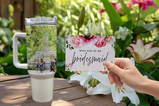 Bridesmaid Proposal Gift set - featuring Forsyth Park Savannah Georgia - Personalized 40 ounce Tumbler - tote bag and hair tie