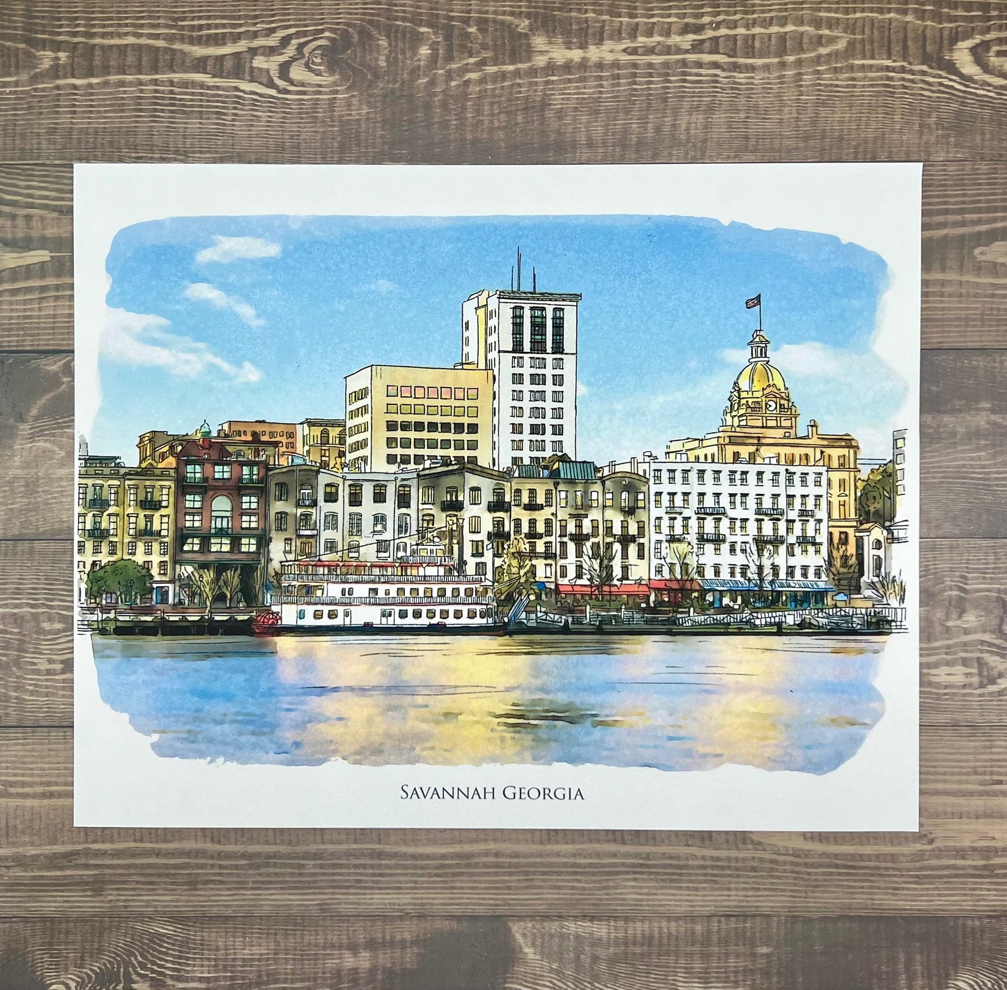 Savannah Georgia Panoramic Riverfront watercolor painting giclée fine art print (framed or un-framed)