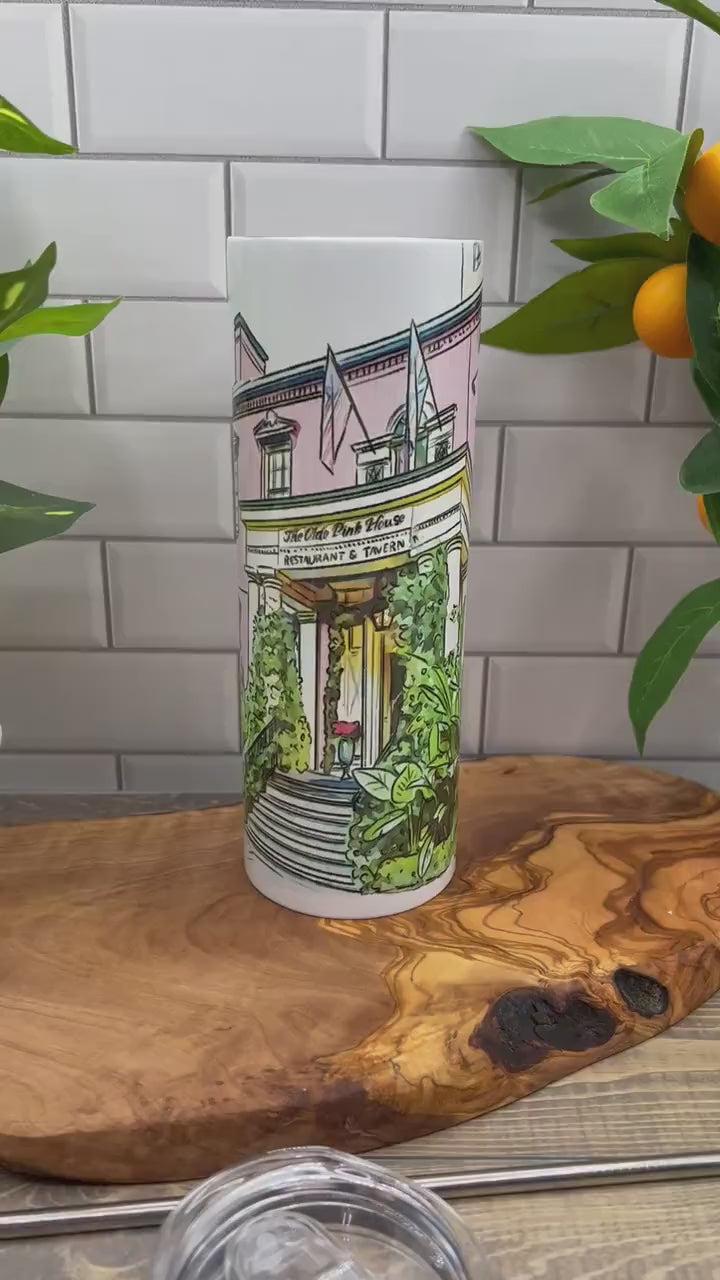 Savannah Georgia 20 ounce Tumbler | River Street | Savannah Art | Savannah Georgia Gift | The Pink House Restaurant | Watercolor Art